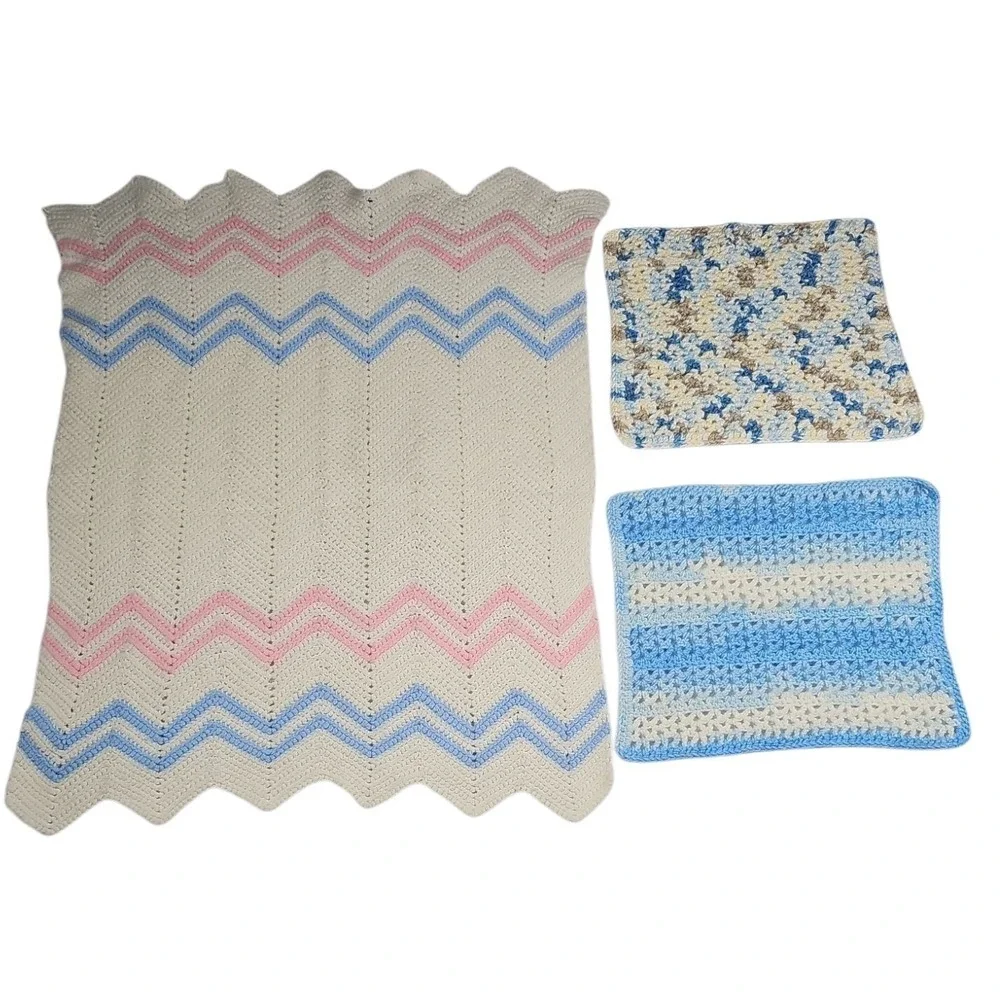 Handmade‎ Crochet Baby Blanket Set Chevron Pink Blue White