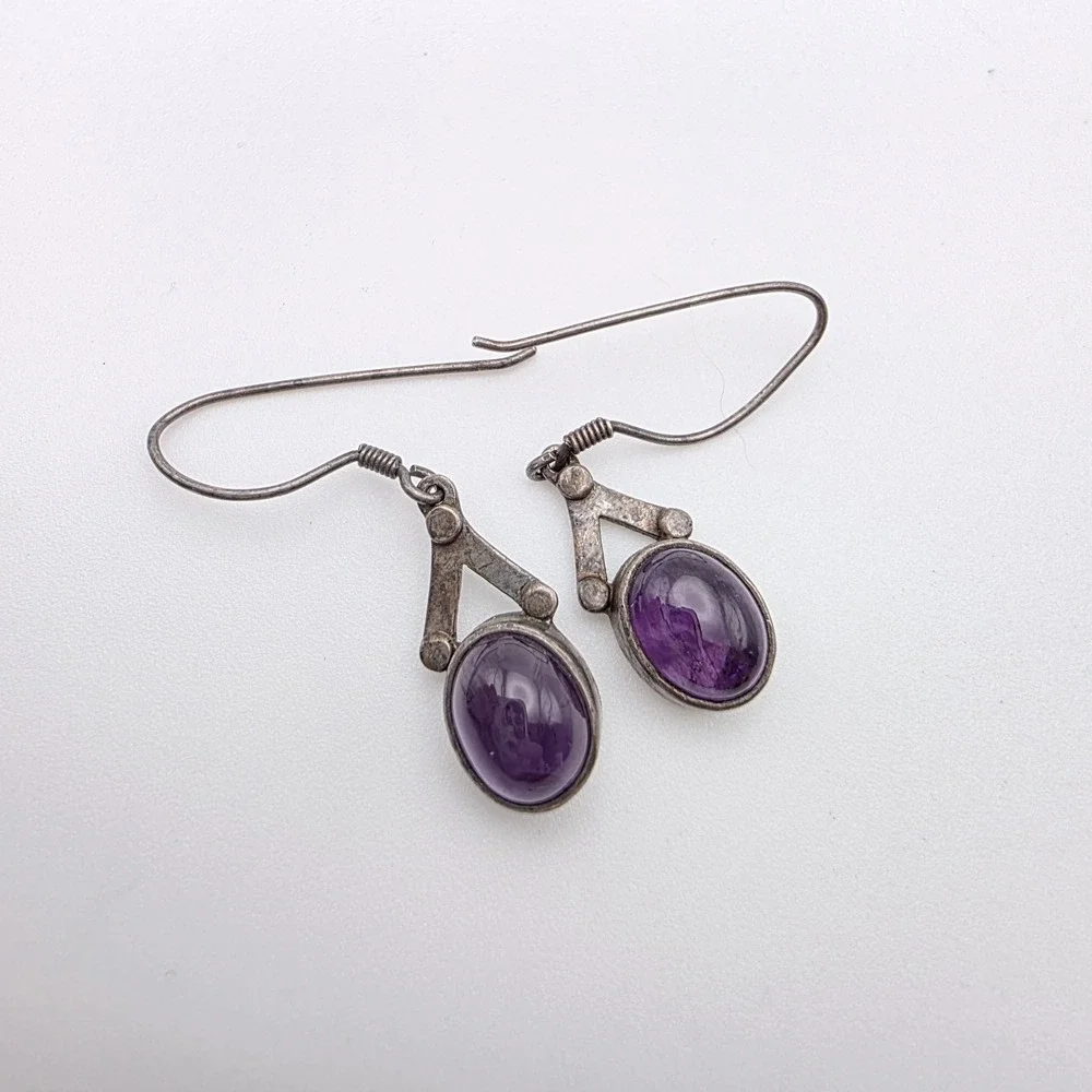 Vintage SAJEN Bali‎ Signed Earrings Amethyst 925 Sterling Silver Dangle GENUINE