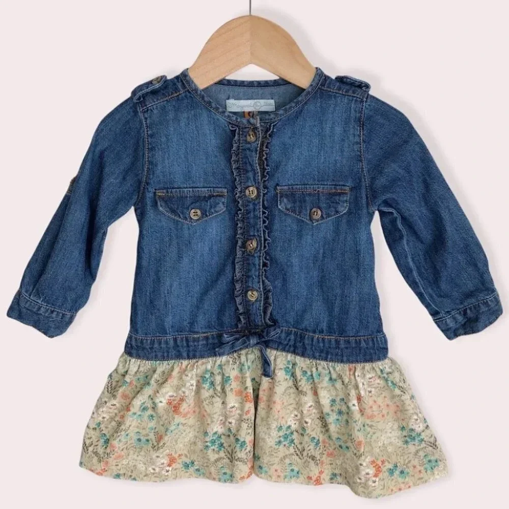 Mayoral dress long sleeve‎ denim with floral corduroy skirt size 9 months