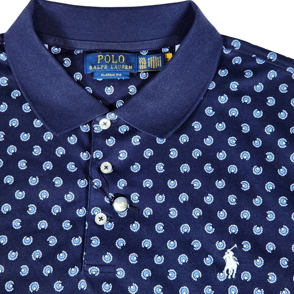 NWT Polo Ralph Lauren Men Blue Horseshoe Medallion Print Polo Shirt XXL /‎ 2XL