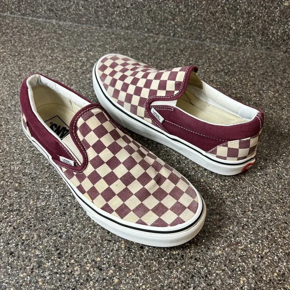 Vans Classic Slip On Skate Shoes Canvas Burgundy Check Print Womens 8.5 Sneakers