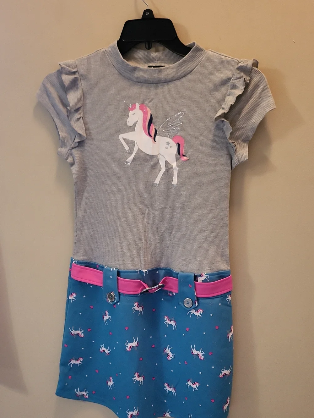 Unicorn Print Girls' Gray & Blue Casual Dress with Pink Accents