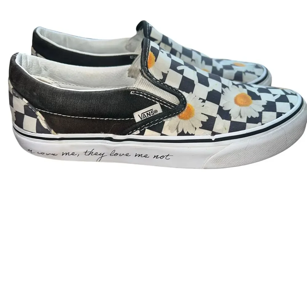 Black White Checkered Vans with Daisy Print Size 7