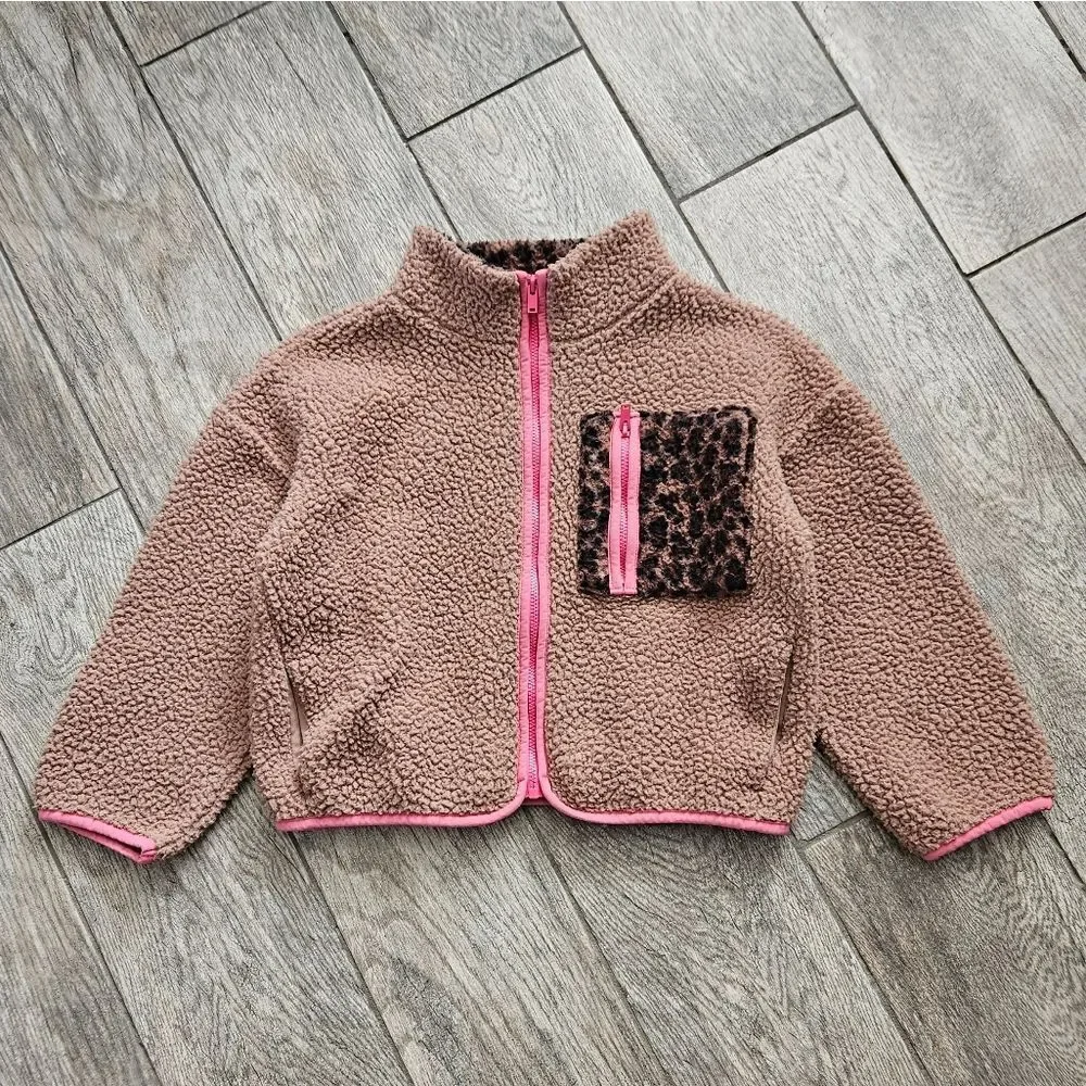 Old Navy Tan Fleece Jacket with Pink Trim Size S