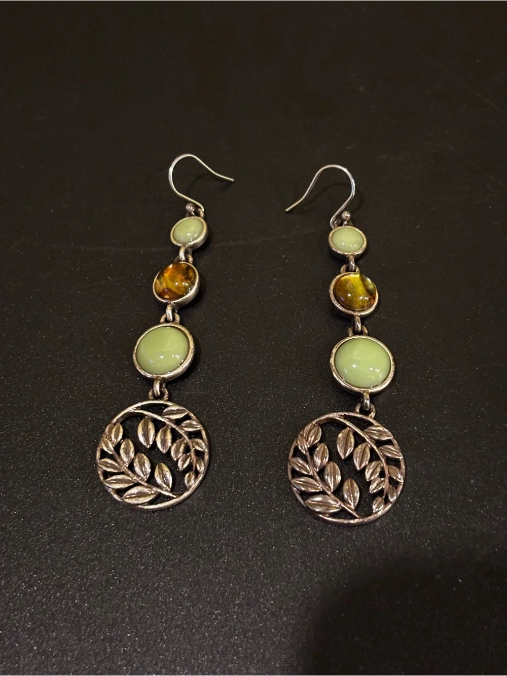 Green and Amber Drop Earrings with Leaf Medallion