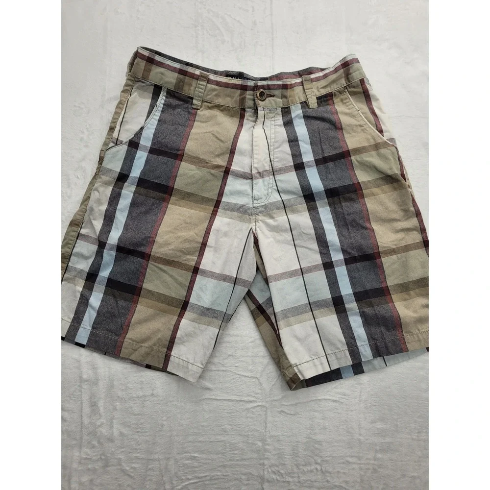 Billabong Plaid Walk Shorts‎ Mens 34 Tan Blue Flat Front Surf Casual