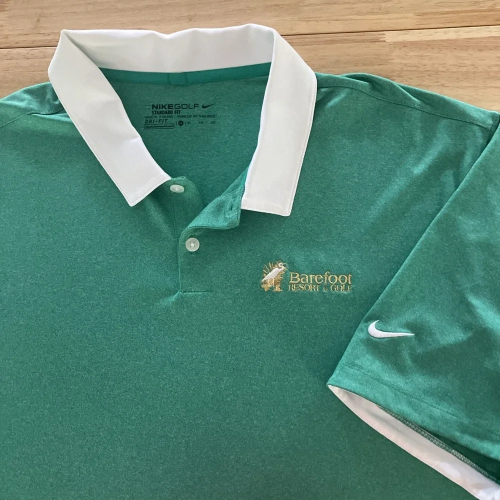 Nike Golf Polo Shirt Mens XL Green Stripe Dri-Fit Barefoot Resort Golf Club Logo