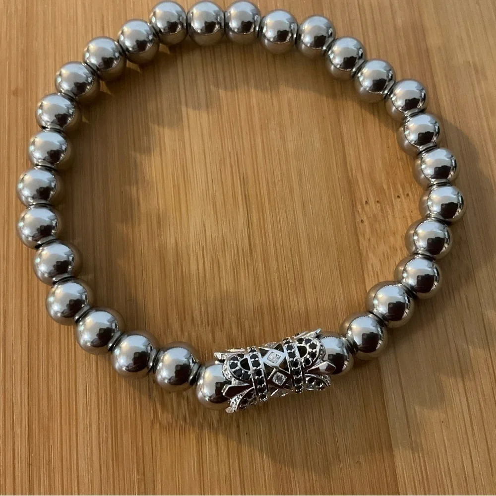Hand Crafted Silver Beaded Bracelet Pave Stretch 7” Unisex Steel Beads