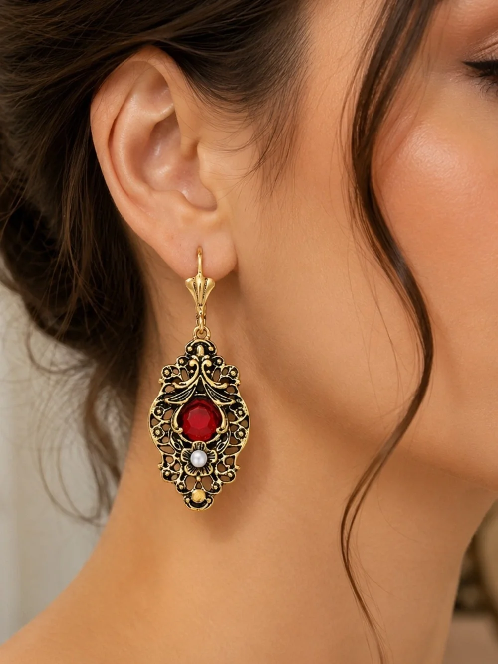 Vintage Ruby Filigree Drop Earrings | Gold Tone Statement Earri