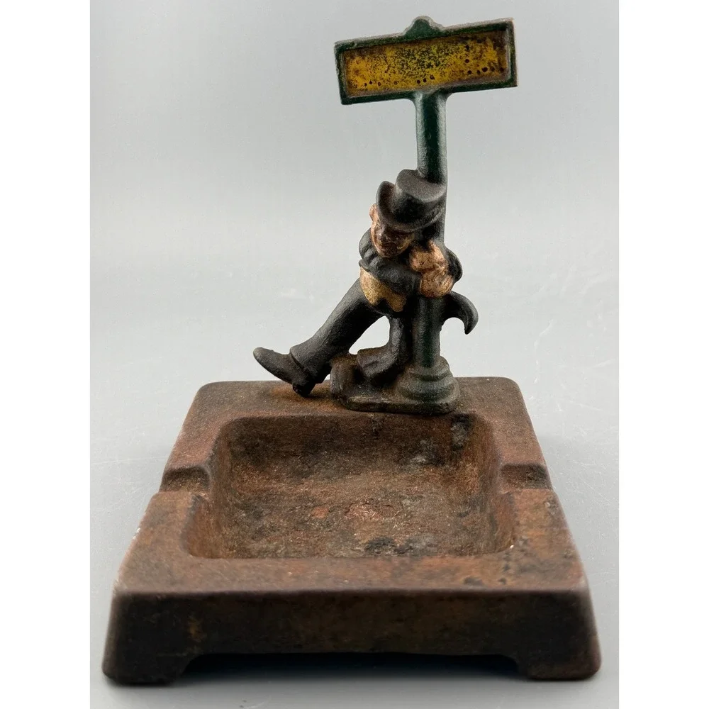 Vintage Cast Iron Ashtray Figural Drunk Man Street Sign Wilton Tobacciana 4.5