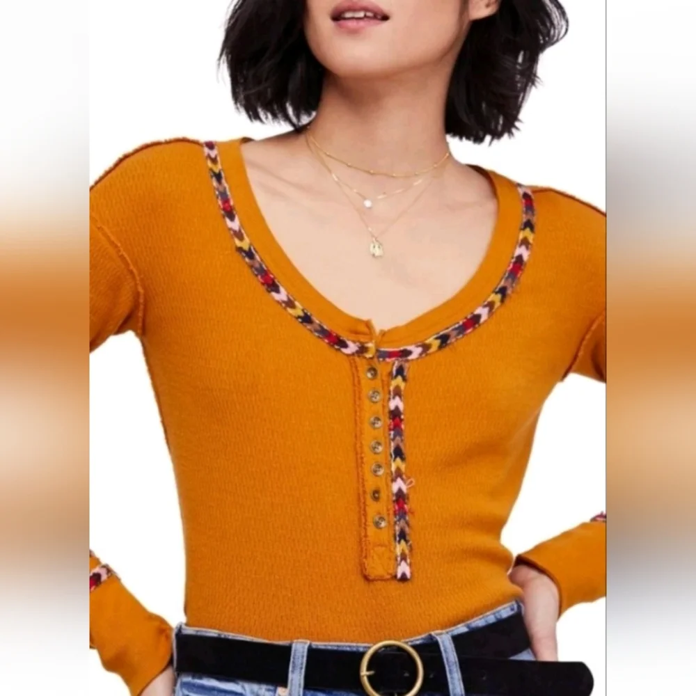Free People We The Free Mustard Yellow Rainbow Embellished Thermal Top Sz S