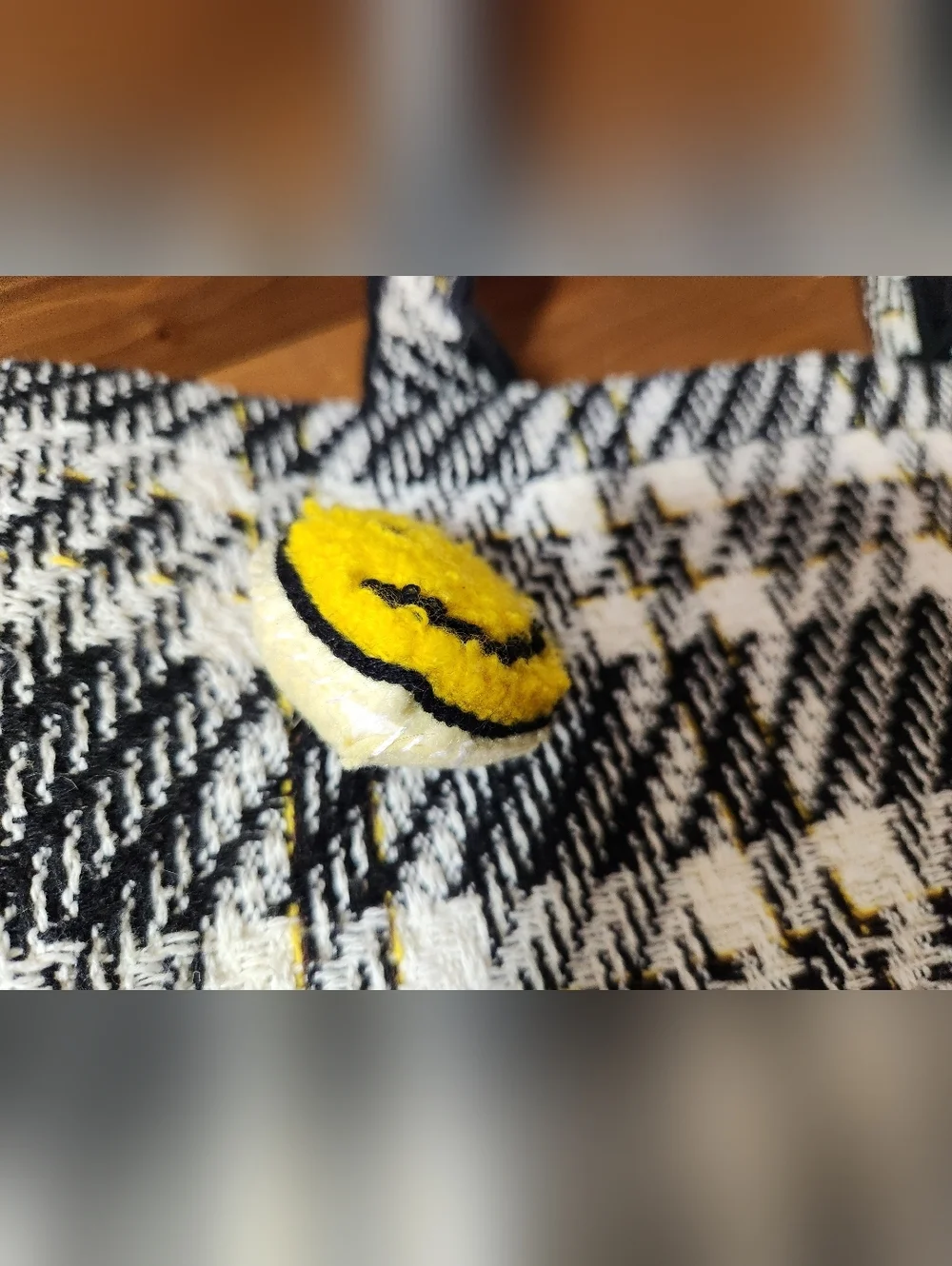 Black, Cream & Yellow Tweed Plaid Check Work Office Tote With Smiley Face