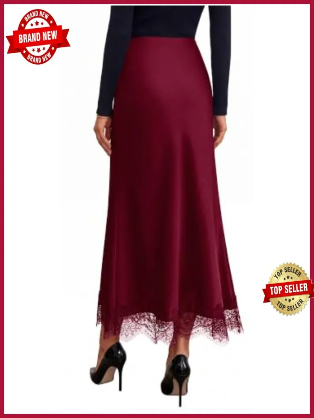 Satin Lace Trim High Waist A-Line Flowy Maxi Skirt