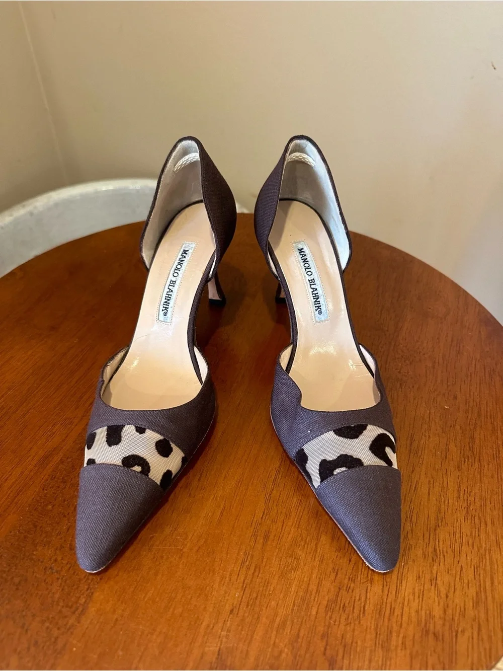 Manolo Blahnik Brown Pointed D'Orsay Pumps with Black-and-Cream Animal Panel