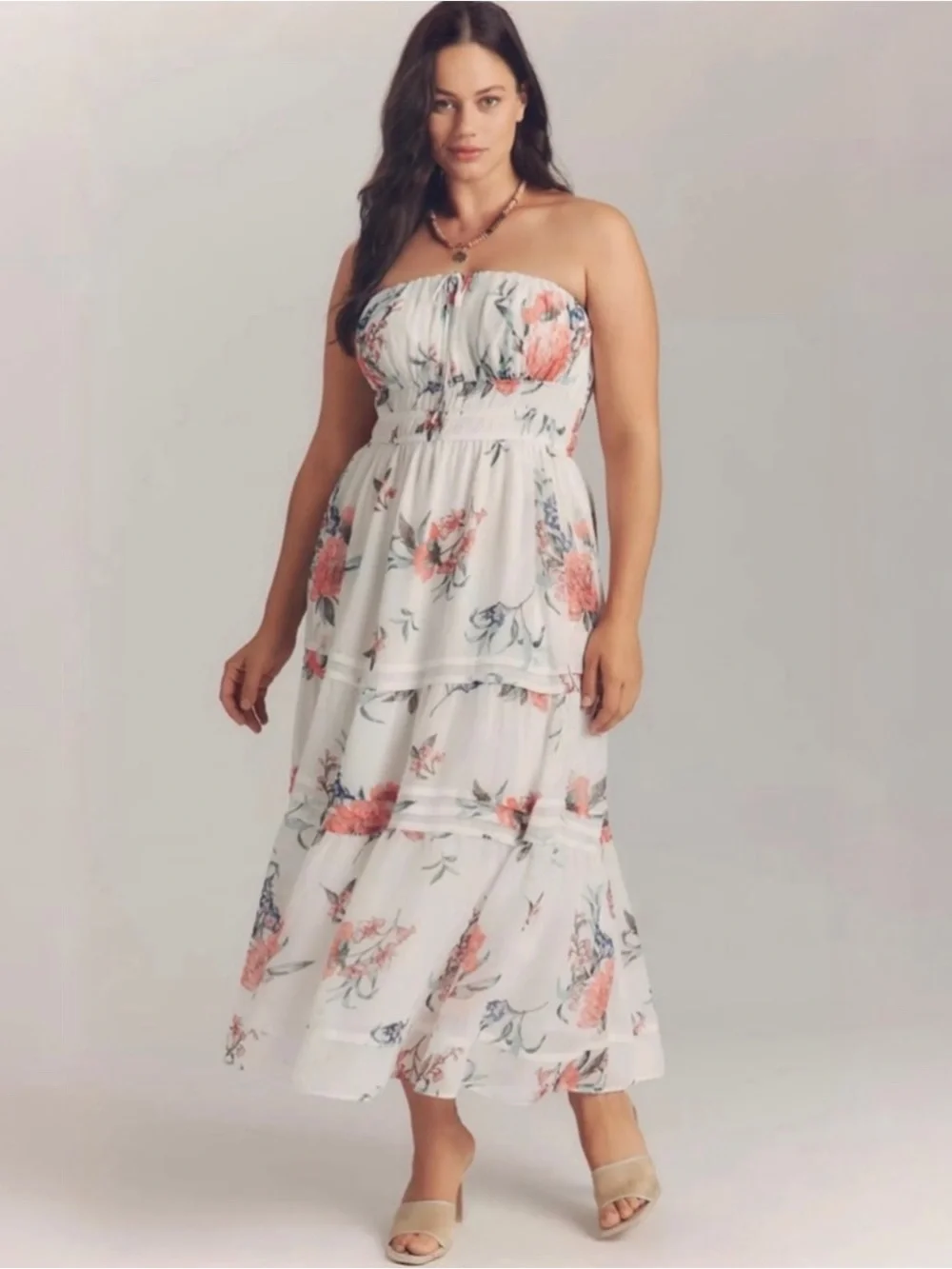Anthropologies Somerset Strapless Smocked Floral Midi Dress Ivory Cottagecore M