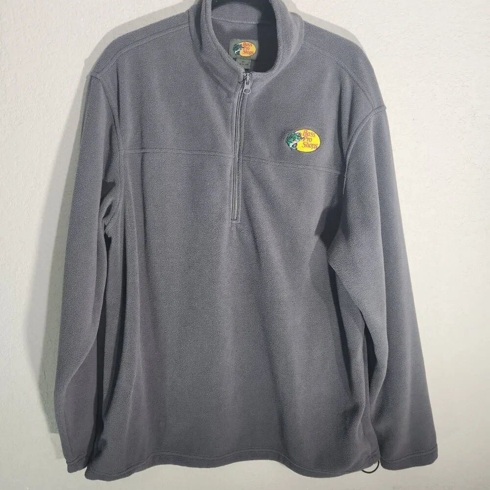 Bass Pro Shops Pullover Sweater Gray Quarter-Zip drawstring Long-Sleeve Fleece