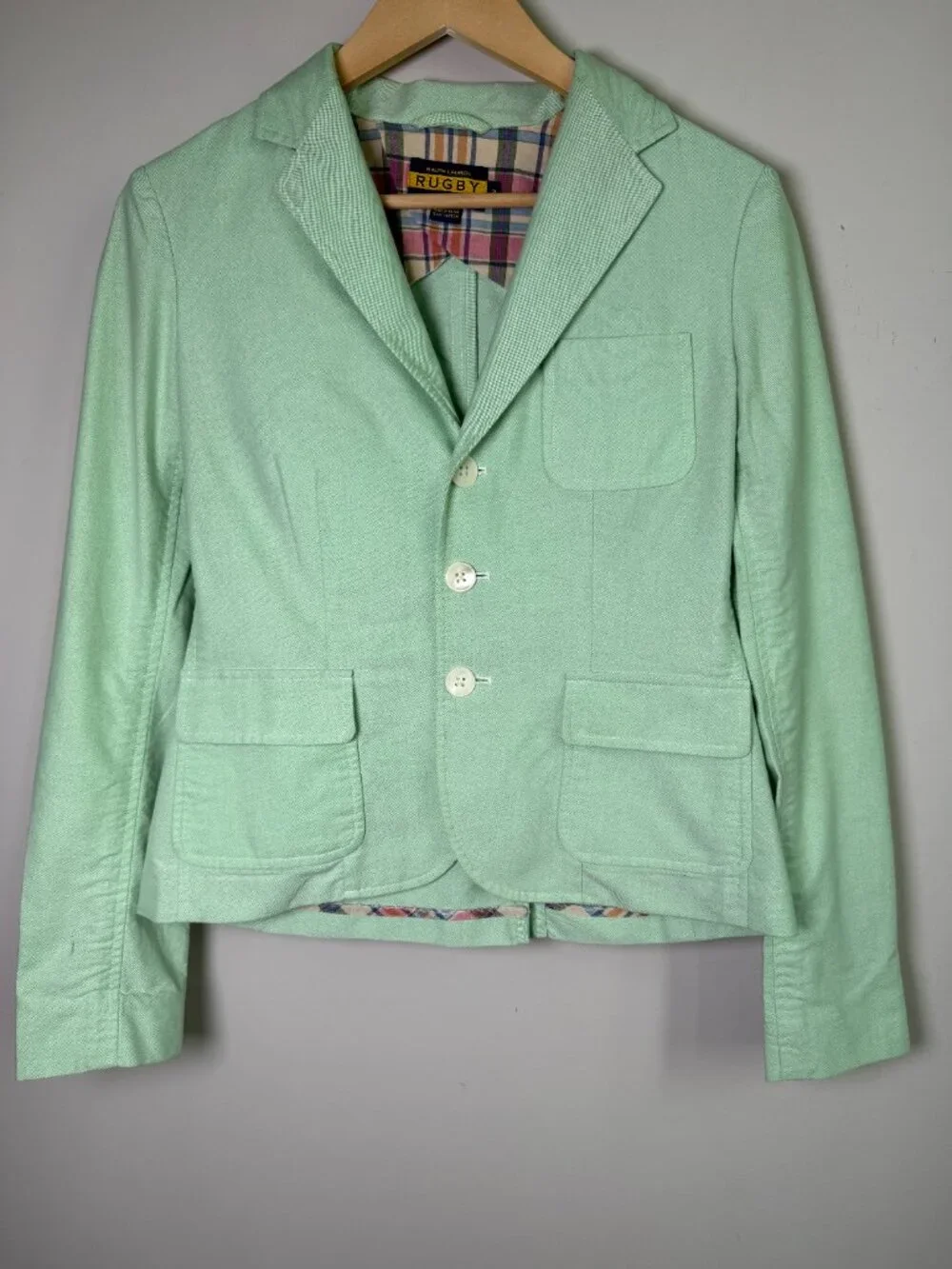 Ralph Lauren Rugby Mint Green Cotton Blazer Plaid Lining Preppy Collegiate Sz 2