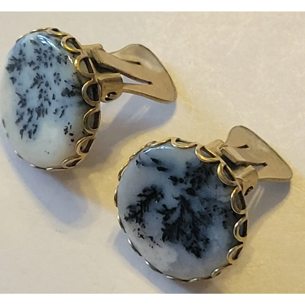 Vintage Estate Cabochon Clip-On Earrings Gold Tone Dendritic Round‎ Jewelry