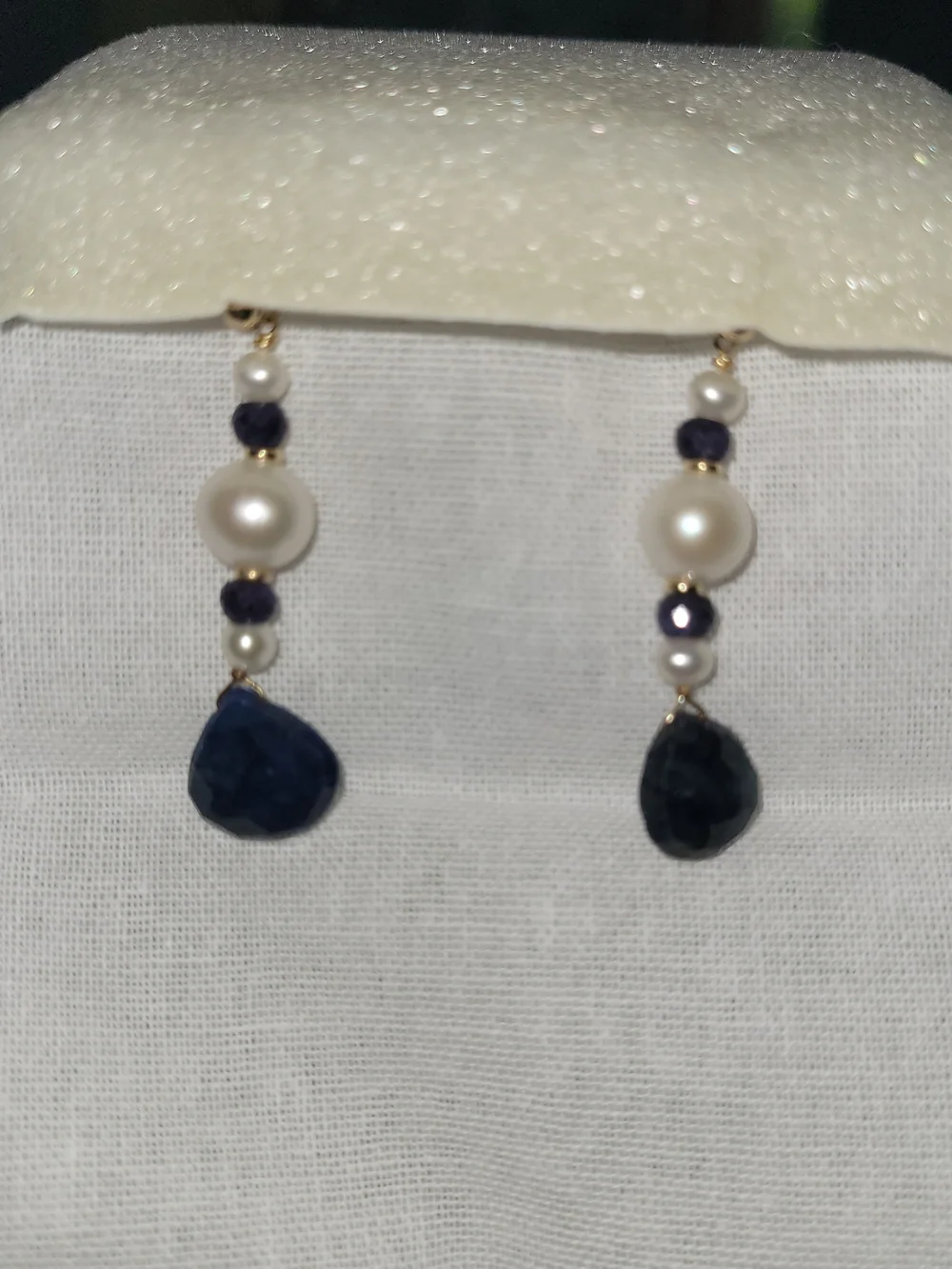 14kt Solid Yellow Gold Sapphire Pearl Artisan Handmade Earring Set