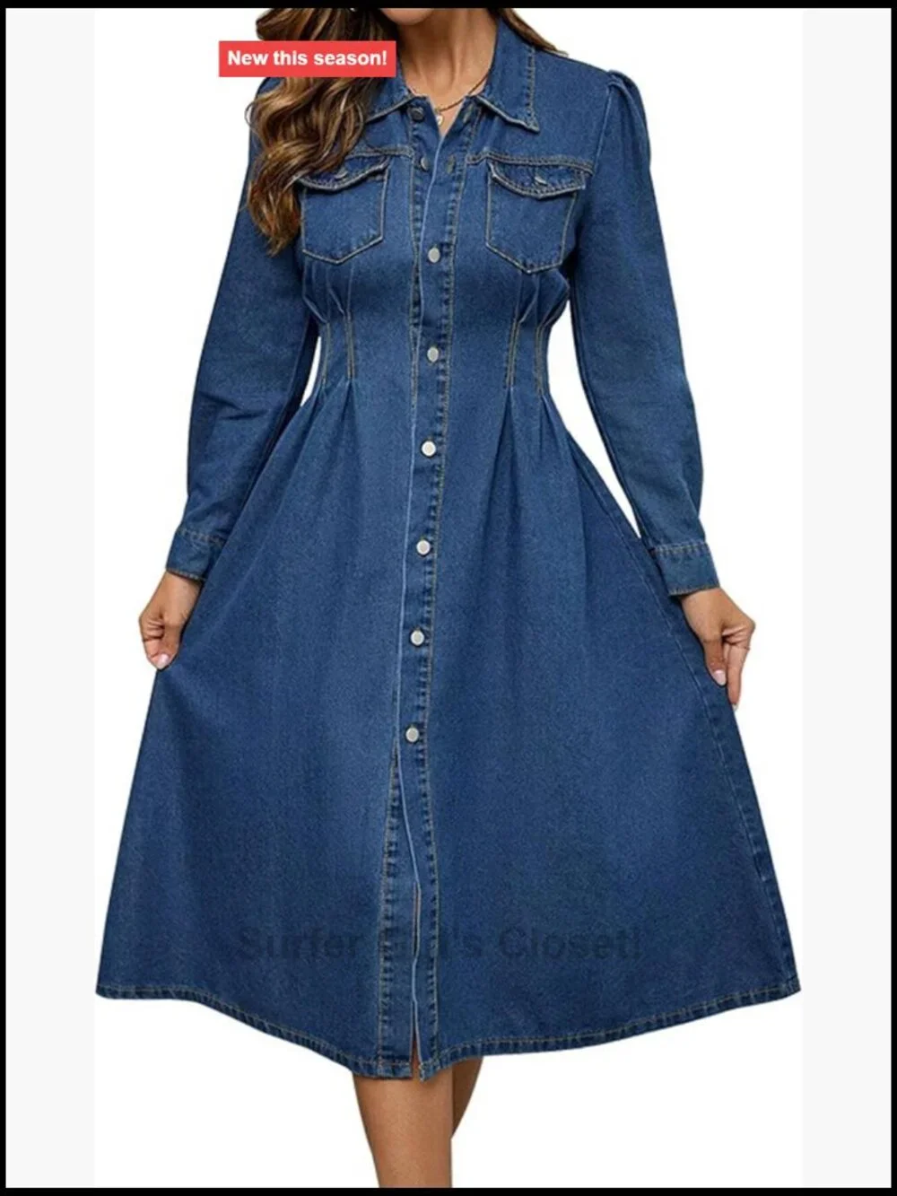 Women's Long Sleeve Denim Dress Ruched High Waist Button Down Jean Dress with