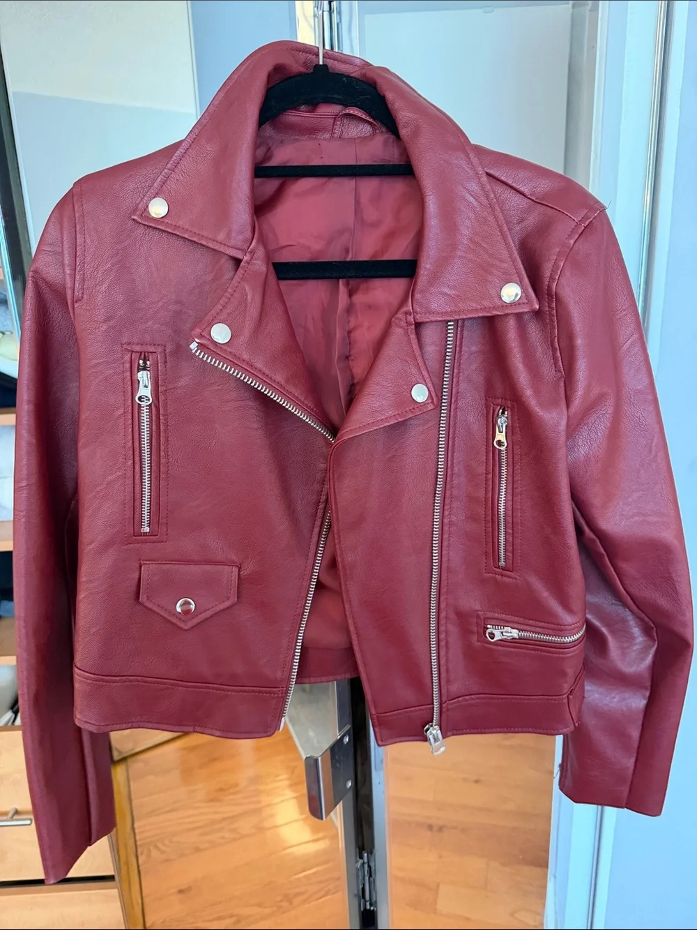 Women’s Red Faux Leather Moto Jacket