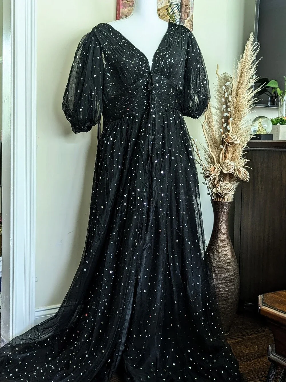 NWOT Celestial Starry Tulle Gown Black Silver Stars Moons Corset Prom Dress XS S