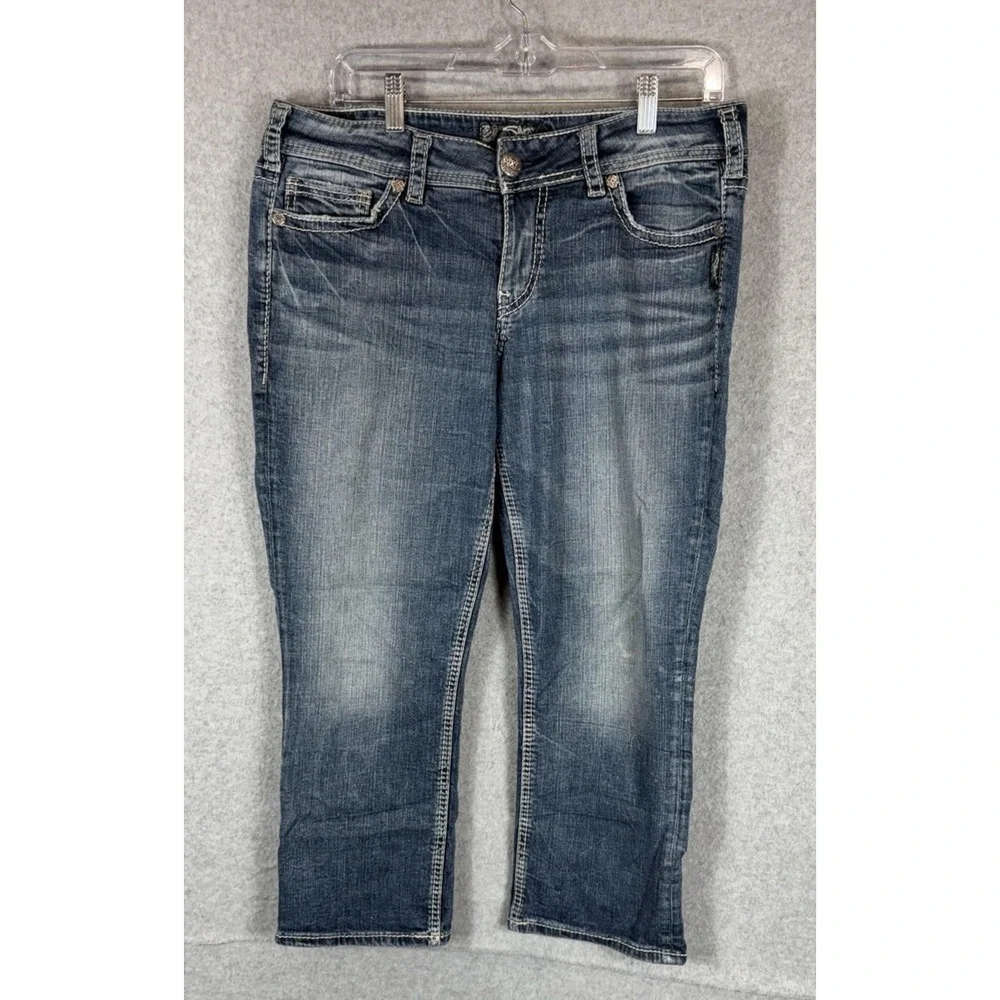 Silver Jeans Suki Capri Womens 32 Denim Super Stretch Mid Rise Embroidered Pants