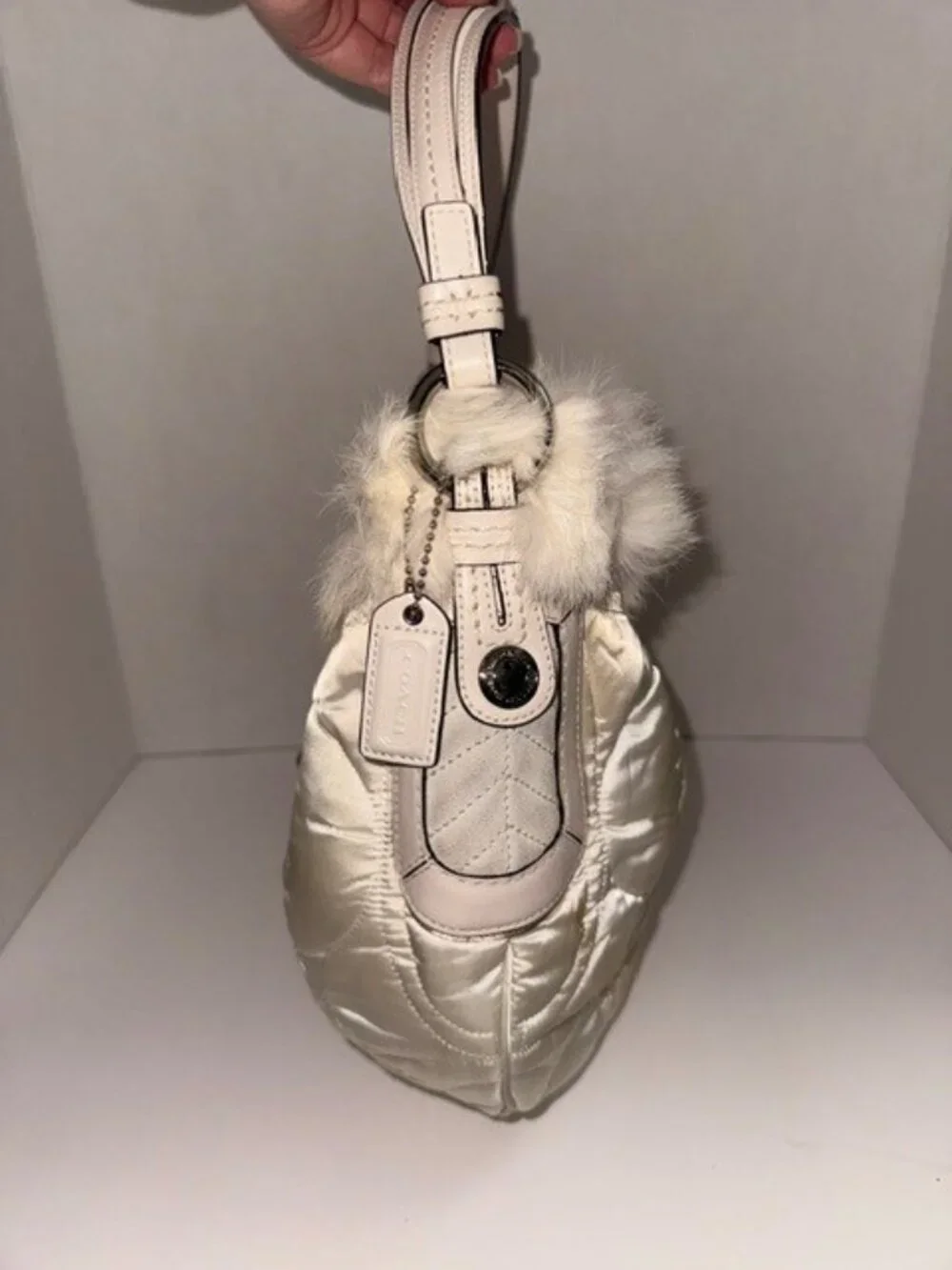 🤍 Authentic Coach White Satin & Faux Fur Hobo Bag