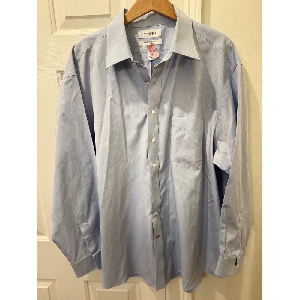 Cremieux Mens Dress Shirt 18 35 Light Blue 100% Pima Cotton Non-Iron Long Sleeve