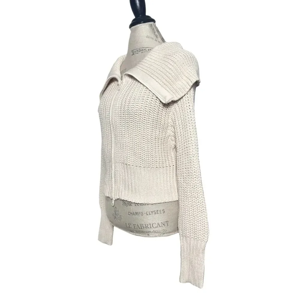 Aerie | Women | Double Zip Cream Ribbed Cotton Yarn Cropped Cardigan | Small
