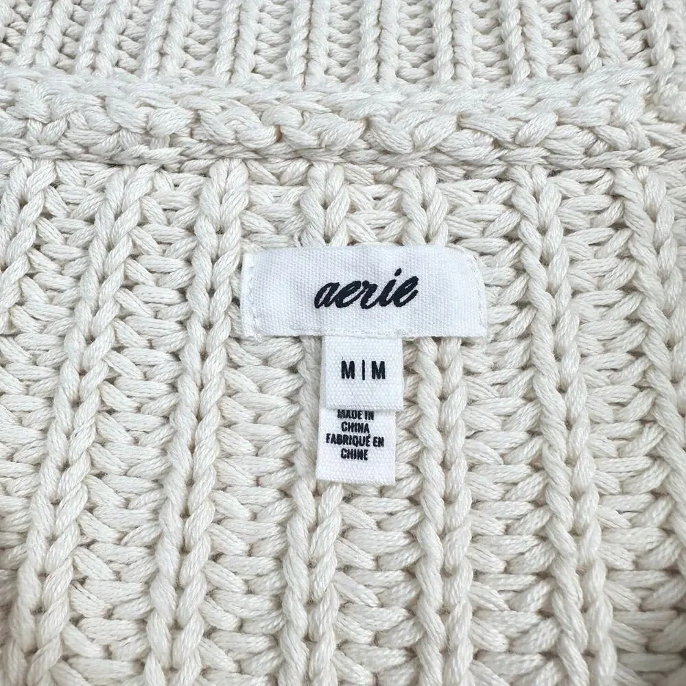 Aerie | Women | Double Zip Cream Ribbed Cotton Yarn Cropped Cardigan | Small
