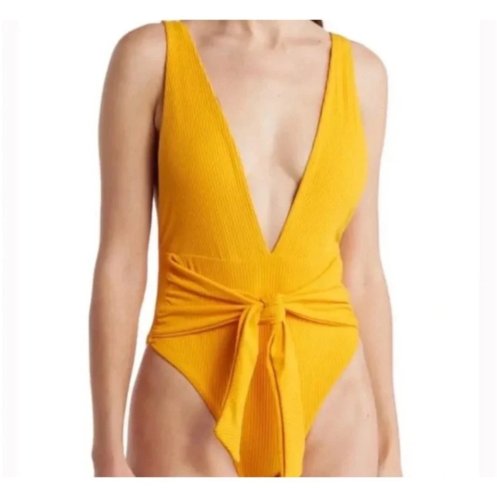 MAAJI‎ Maracuji McDreamy Reversible Deep Plunge Ribbed Yellow One Piece Medium