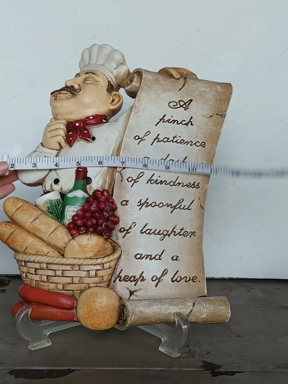 Vtg Chef Figurine Wall Plaque with Basket and Scroll - White, Red, Brown