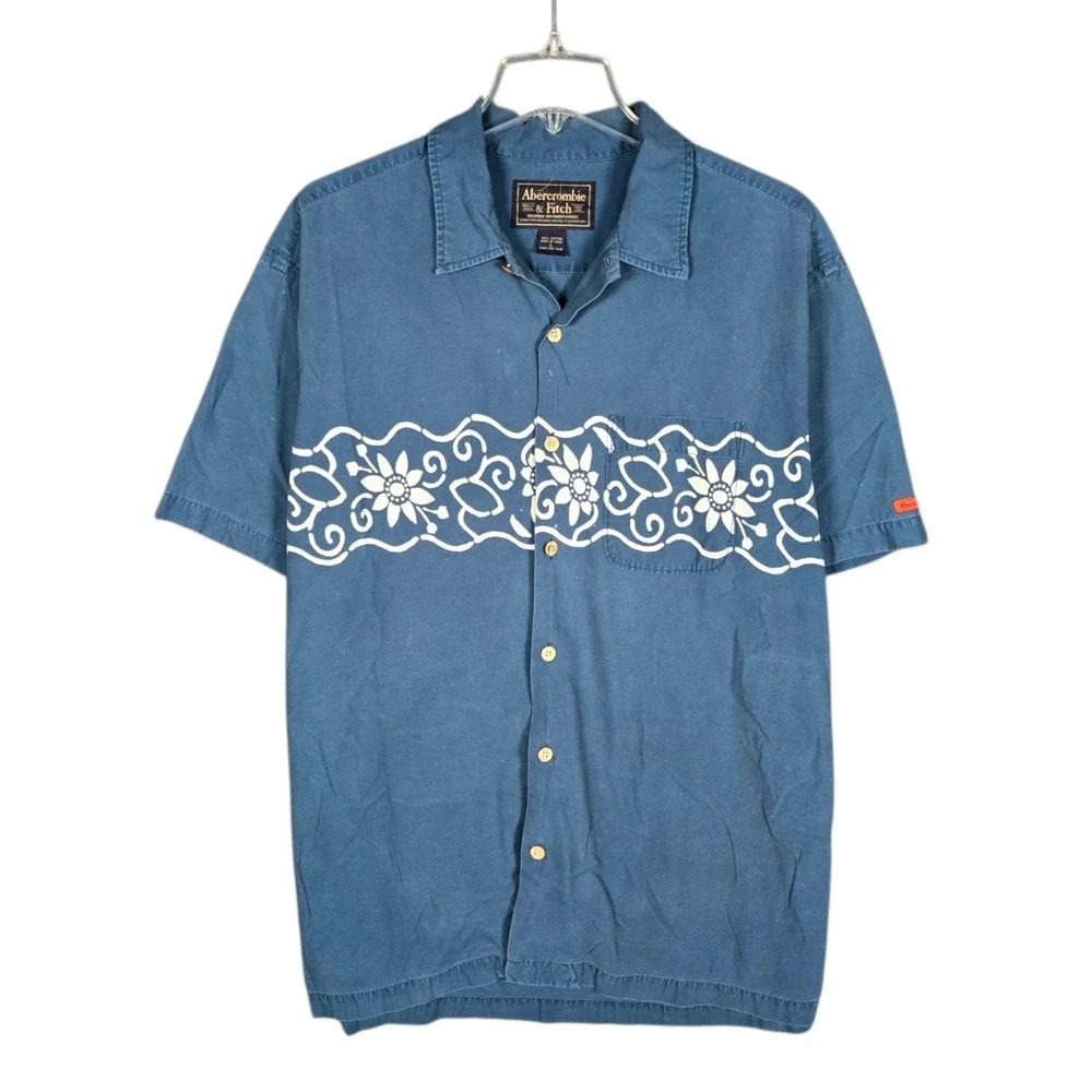 VTG Abercrombie Fitch Hawaiian Shirt Mens Large Floral Print Blue Tropical Beach
