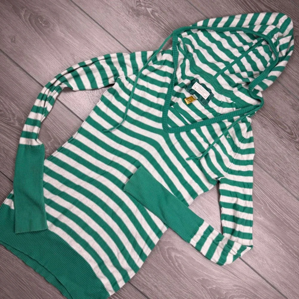 American Eagle Women Hoodie Sweater Striped V-Neck Knit Green White M