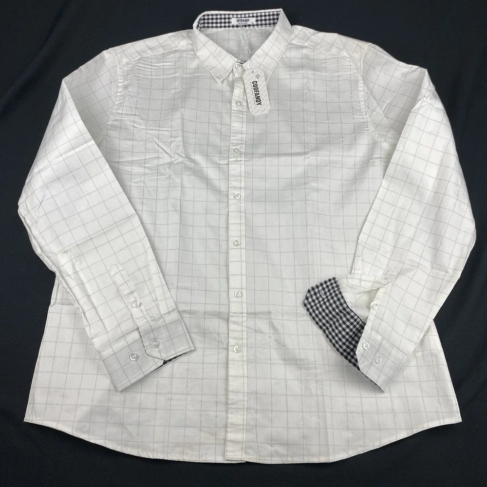 COOFANDY Shirt Mens XXL White w/Gray Checks Buffalo Check Flip Cuffs NWT!