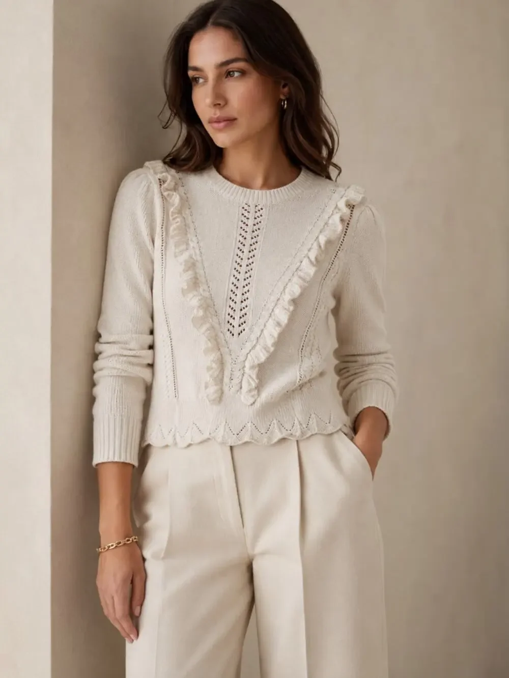REBECCA TAYLOR Ruffle Scalloped Hem Cotton Sweater Ivory Sz L $218 {H46}