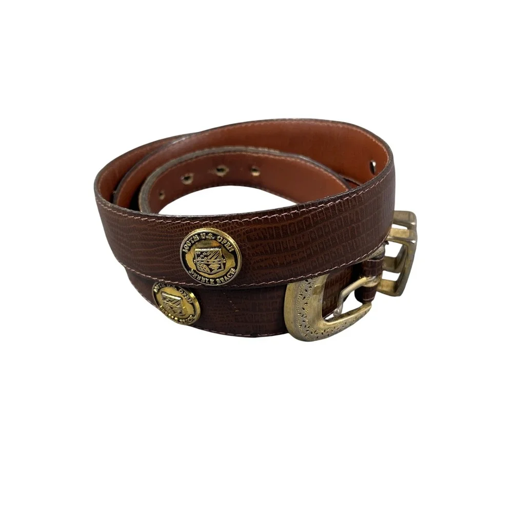 Vintage 100th U.S. Open Pebble Beach Lizard Embossed Leather Belt Mens 38 Brown
