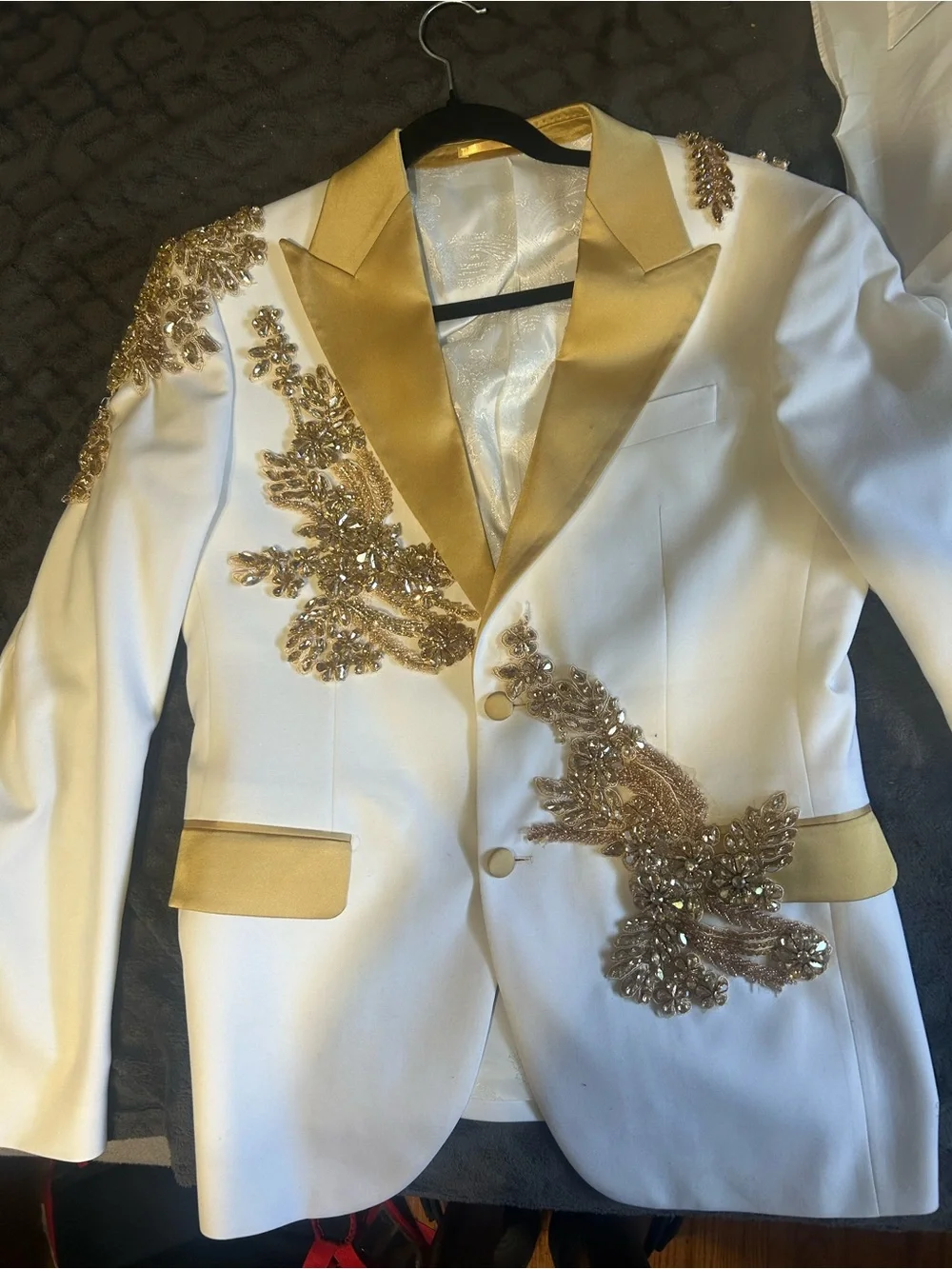 White Blazer with Gold Satin Lapel and Embellished Trim