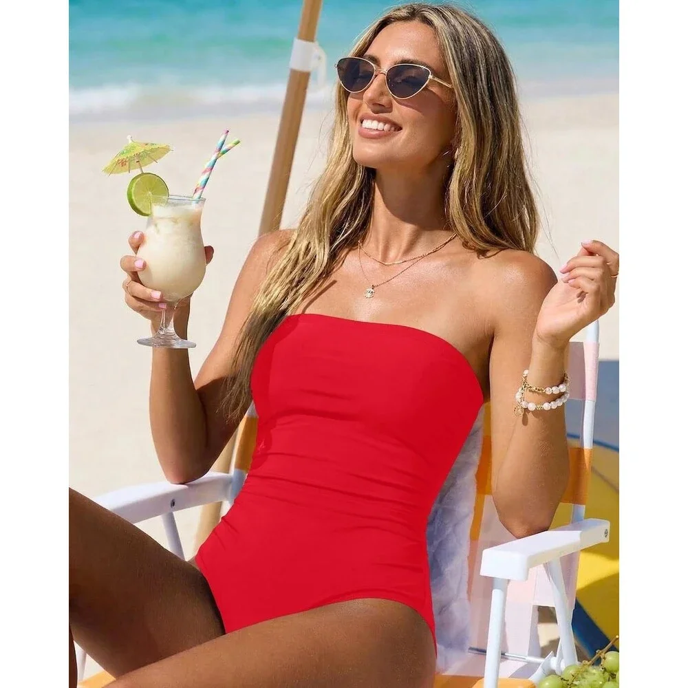 Holipick Women's One Piece Swimsuits X-LARGE Red Strapless Bathing Suit Swimwear