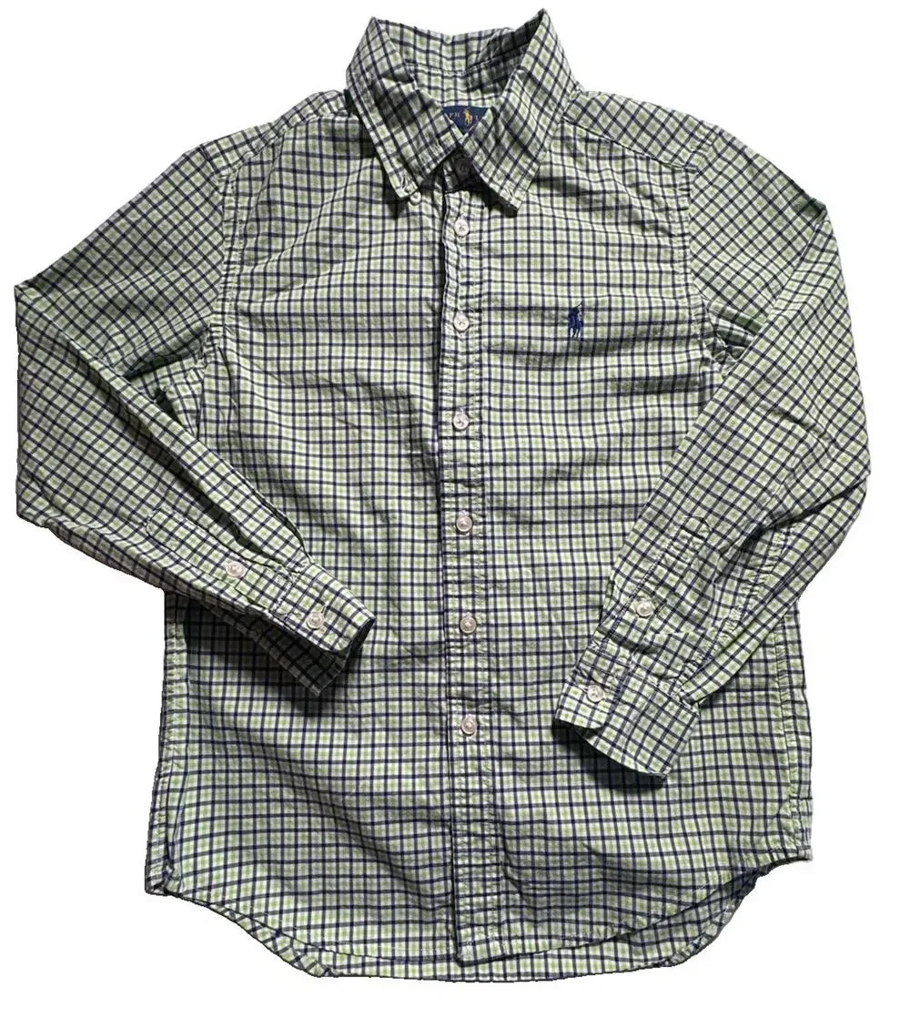 Ralph Lauren Boys M 10-12 Green Blue Check Button Down Shirt Pony Logo Cotton
