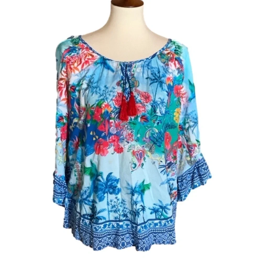Lulalife colorful rayon blouse with tassel ties Size Small