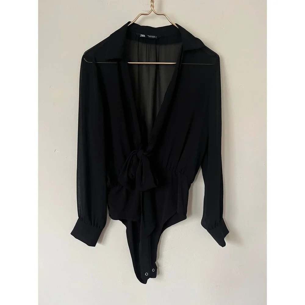 Zara Women Black Sheer Chiffon Tie Front Long Sleeve Bodysuit party neutral S