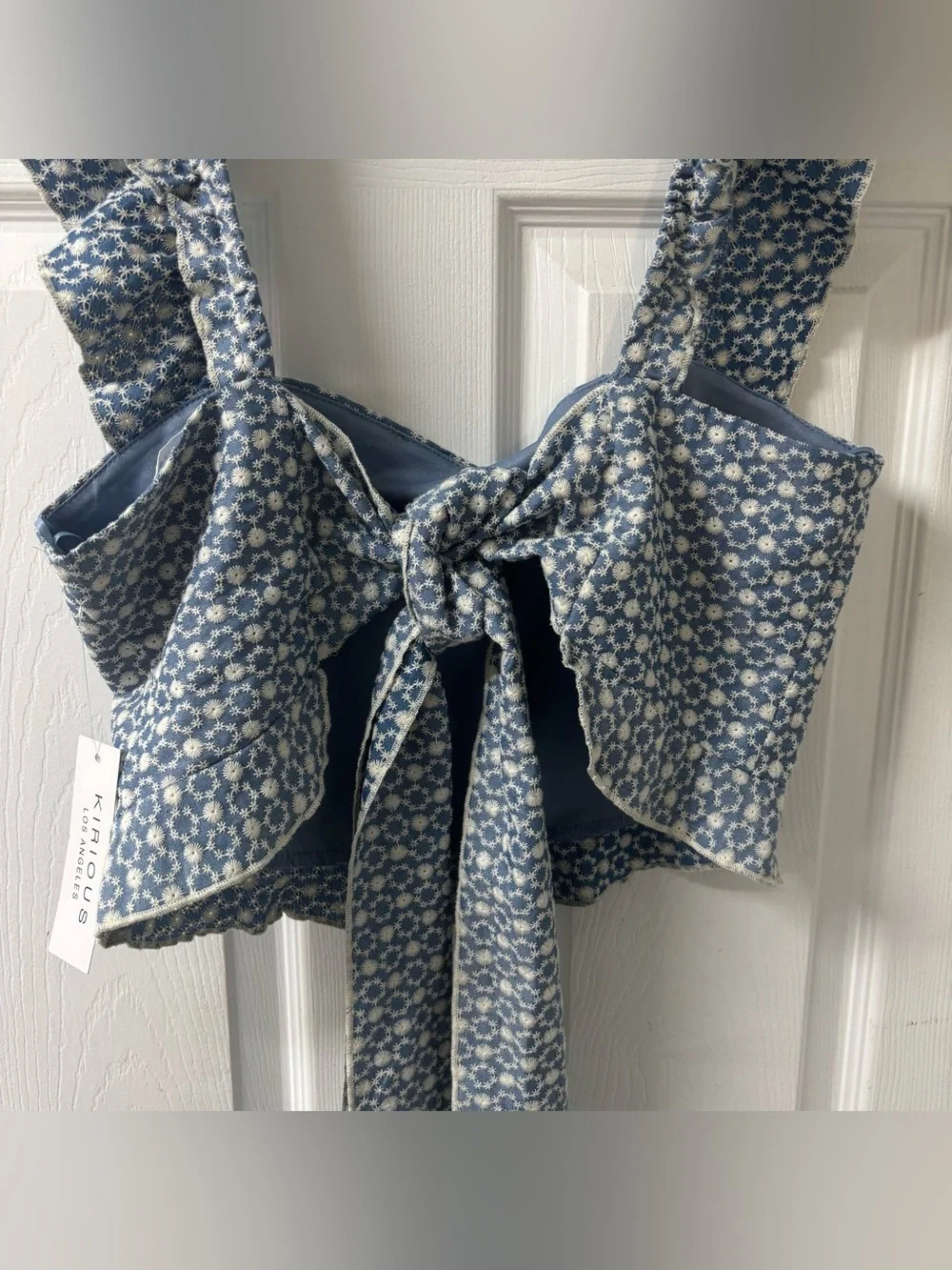 Cottagecore Blue Floral Ruffle Strap Tie-Back Crop Top Women’s Size XL NWT
