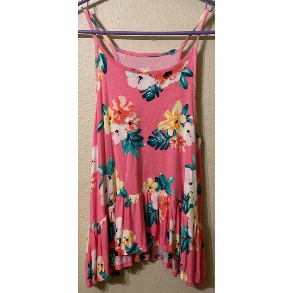 Justice Girls Pink Tropical Floral Flowy Cami Tank Top Ruffle Hem Sz 14/16