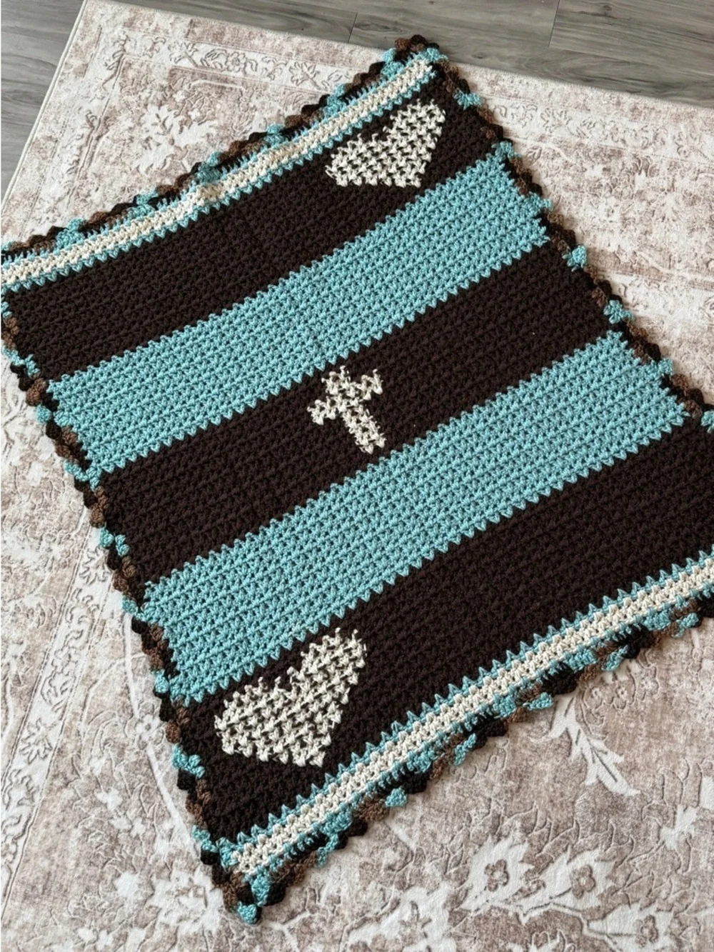 Handmade Crochet Blanket Cross Design Brown Blue Cream Throw 34x38 Faith Decor
