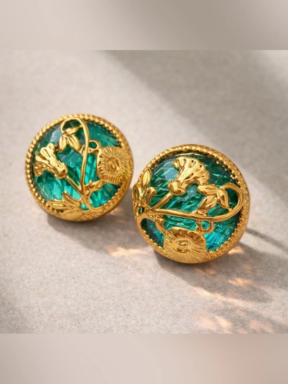 Emerald Green Round Earrings with Gold Floral Design