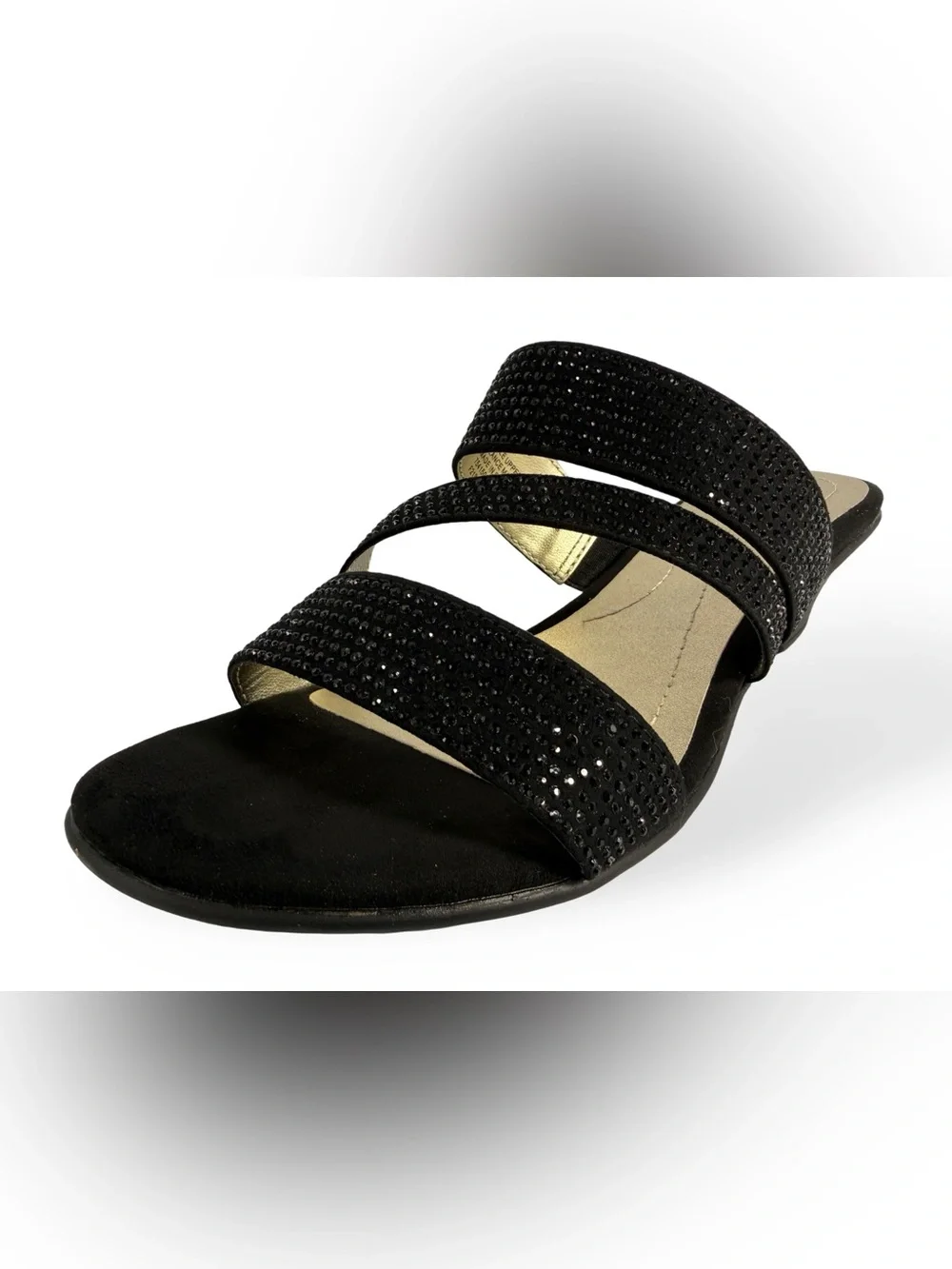East 5th Black Rhinestone Triple-Strap Slide Sandals
