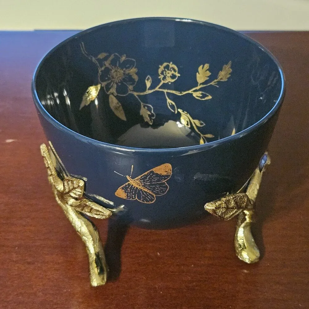 RARE NIB LENOX BUTTERFLY FLOWER SPRIG & VINE NAVY BLUE GOLD FIGURAL BOWL & STAND
