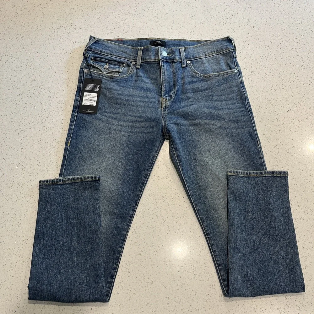 True Religion Jeans Mens 34X31 Blue Denim Rocco Snap‎ Flap Relaxed Skinny NWT